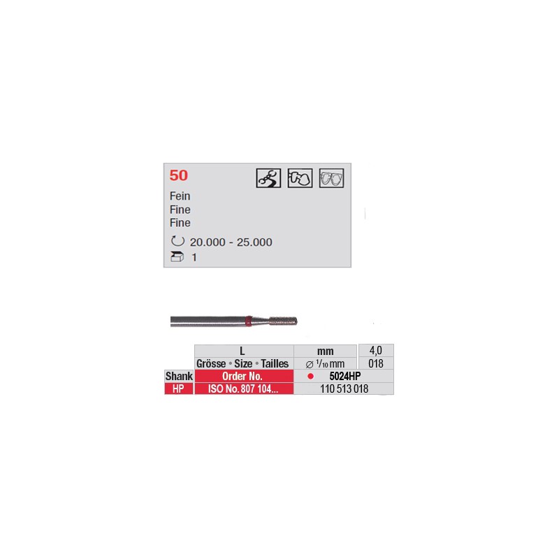 Fraise diamantée dans la masse cylindre bout plat (grain fin) - 5024HP