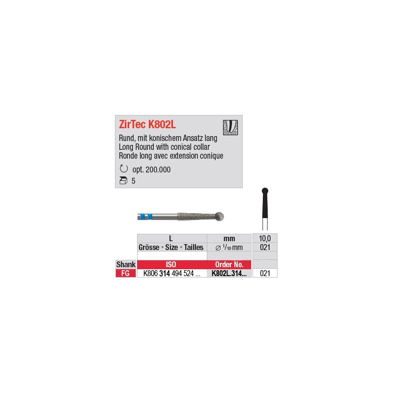 K802L.314.021 - fraise diamant ZirTec Trepanation K802L.314.021 - fraise diamant ZirTec Trepanation