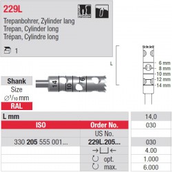 229L.205.030 Trépan cylindre long