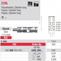 229L.205.050 Trépan cylindre long