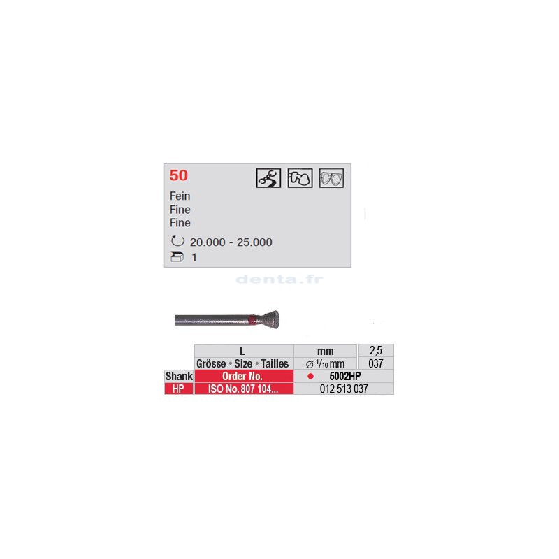 Fraise diamantée dans la masse cône renversé (grain fin) - 5002HP
