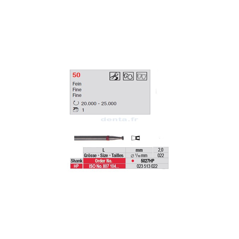 Fraise diamantée dans la masse cône renversé creux (grain fin) - 5027HP