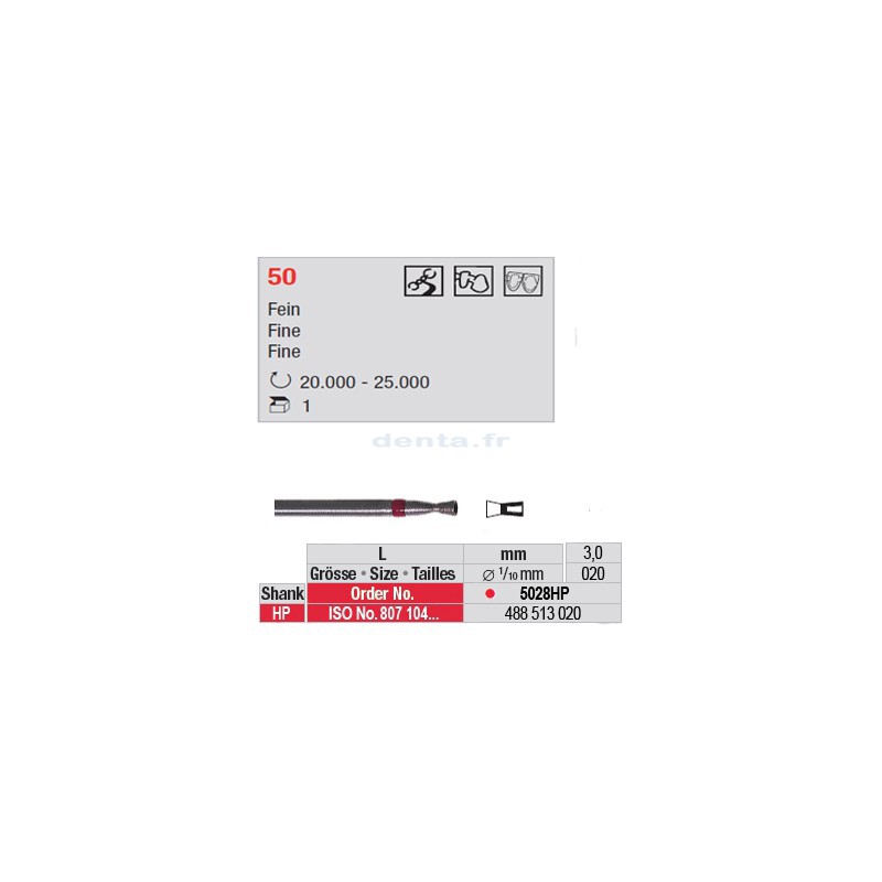 Fraise diamantée dans la masse cône renversé creux (grain fin) - 5028HP