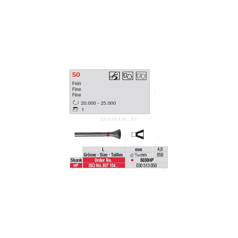 Fraise diamantée dans la masse cône renversé creux (grain fin) - 5030HP