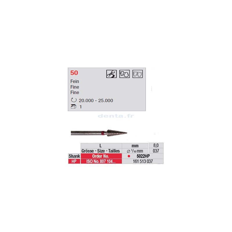 Fraise diamantée dans la masse cône pointu (grain fin) - 5022HP