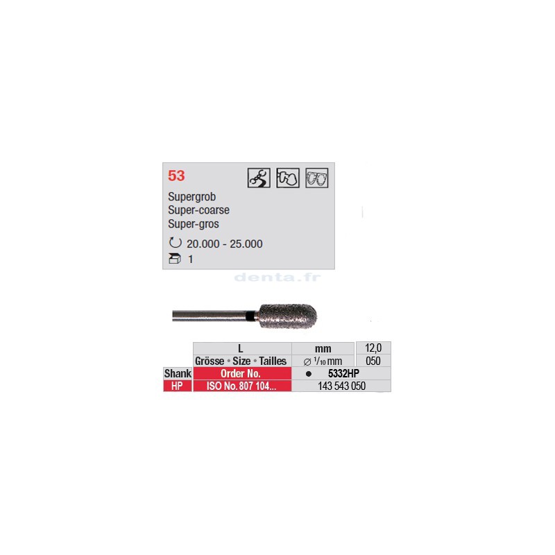 Fraise diamantée dans la masse cylindre bout arrondi (très gros grain) - 5332HP