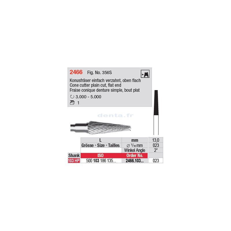 Fraise conique denture simple, bout plat - 2466.103.023