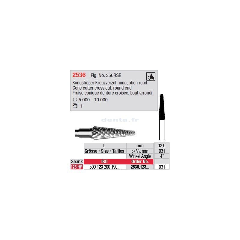 Fraise conique denture croisée, bout arrondi - 2536.123.031