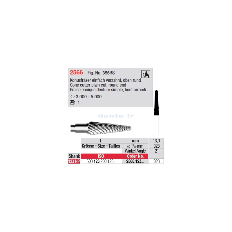 Fraise conique denture simple, bout arrondi - 2566.123.023