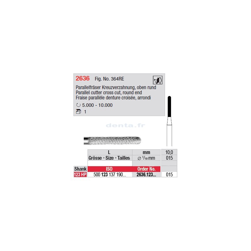 Fraise parallèle denture croisée, bout arrondi - 2636.123.015