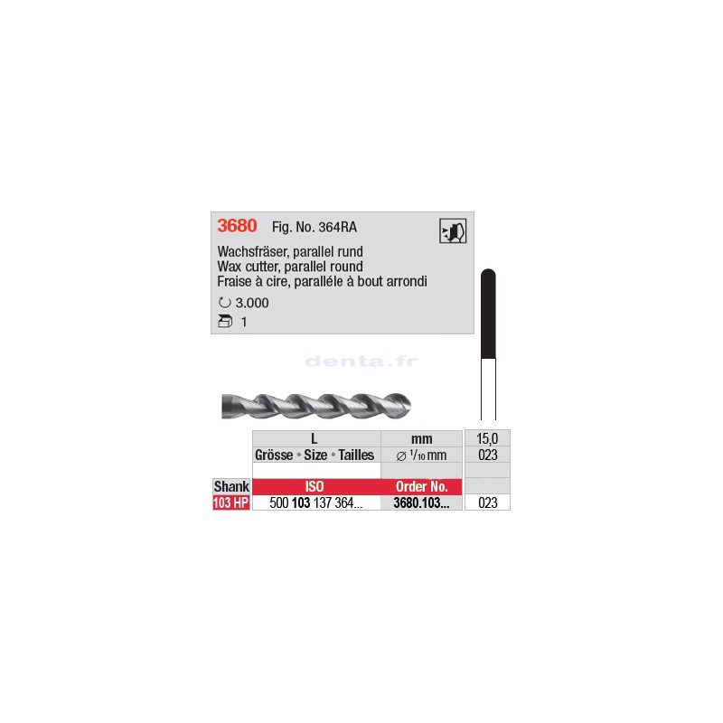 Fraise à cire parallèle, bout arrondi - 3680.103.023
