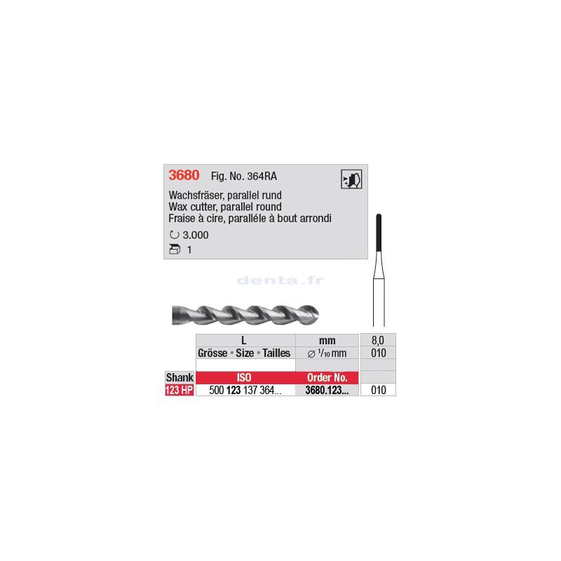 Fraise à cire parallèle, bout arrondi - 3680.123.010