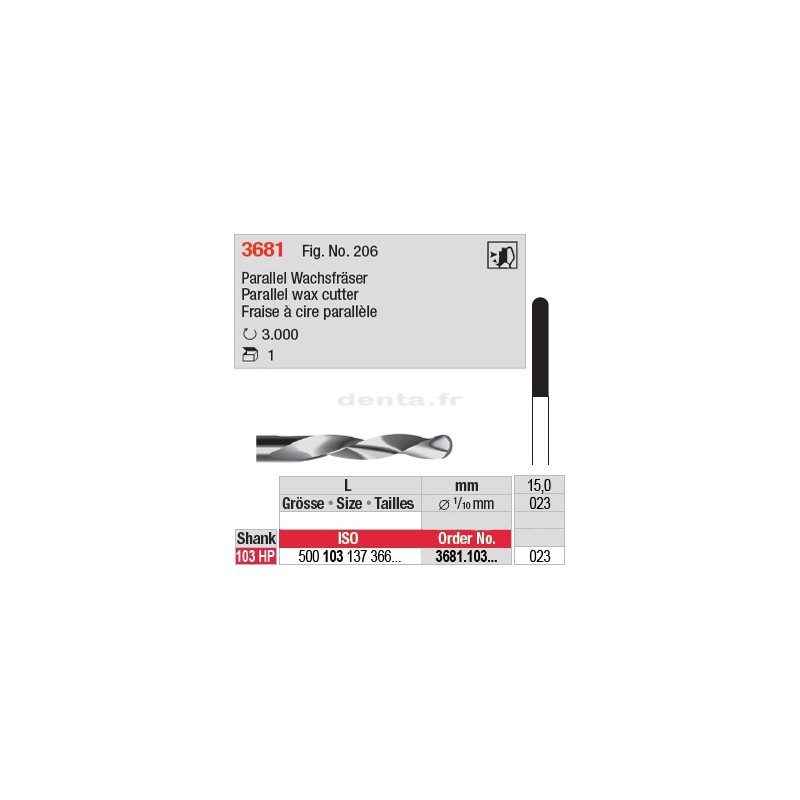 Fraise à cire parallèle, bout arrondi - 3681.103.023