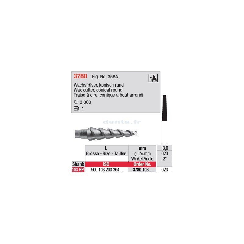 Fraise à cire conique, bout arrondi - 3780.103.023