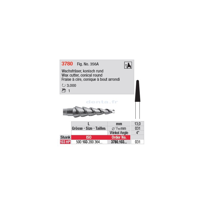 Fraise à cire conique, bout arrondi - 3780.103.031