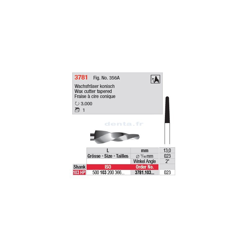 Fraise à cire conique, bout arrondi - 3781.103.023